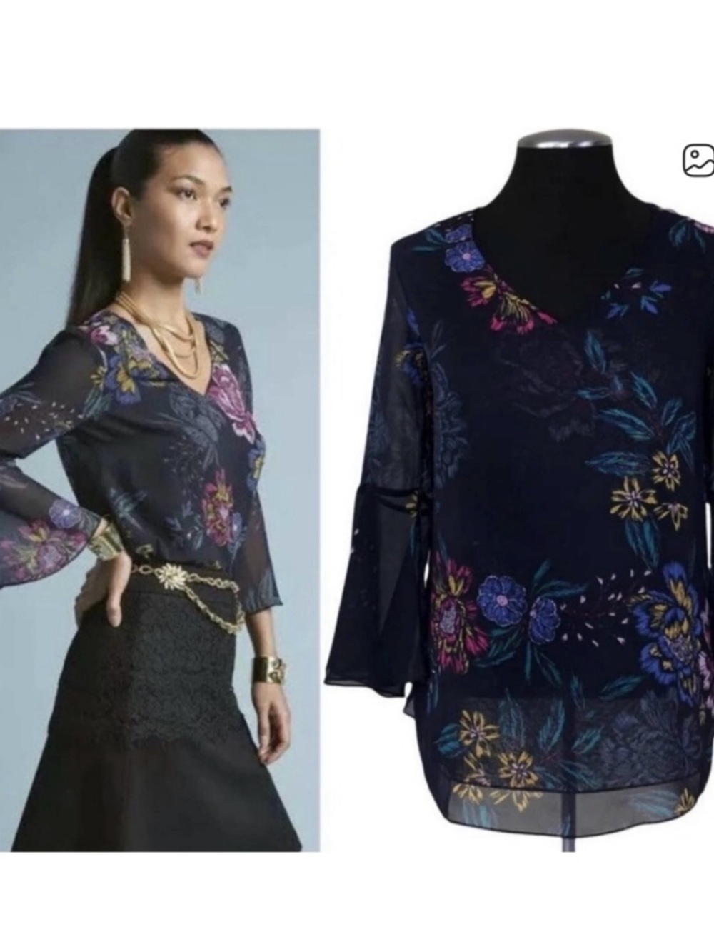 Cabi Navy Floral V-Neck Sheer Blouse